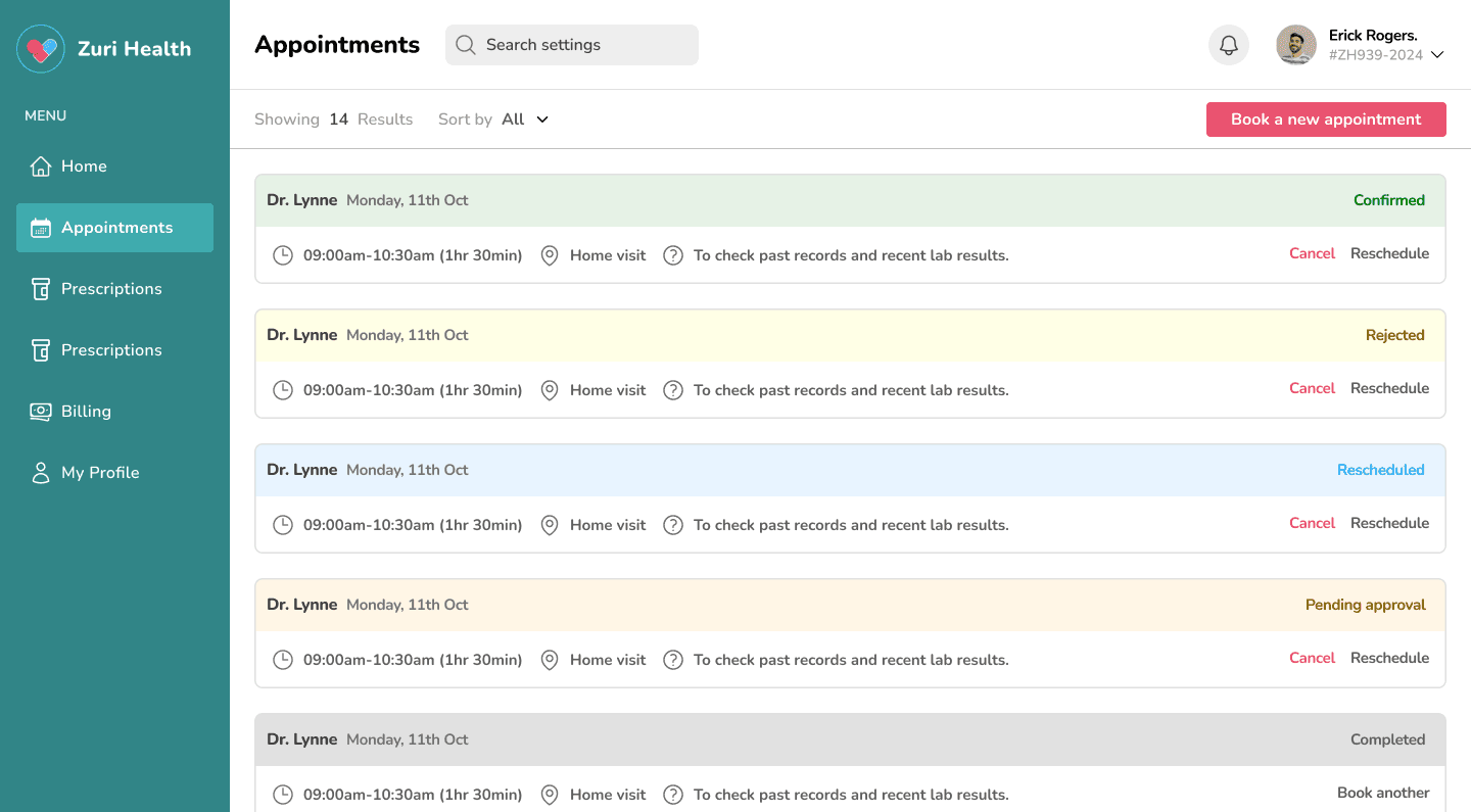 Zuri Health — patient appointment booking module UI